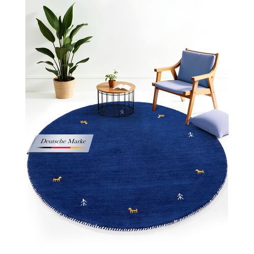 Wollteppich CARPETFINE "Gabbeh Uni", blau, H:15mm Ø:200cm, Wolle, Teppiche, Wollteppich, reine Wolle handgewebt, Gabbeh Tiermotiv warmes Raumklima viele Größen