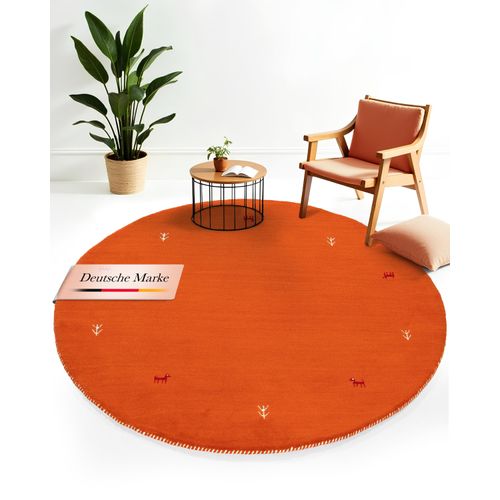 Wollteppich CARPETFINE "Gabbeh Uni", orange, H:15mm Ø:150cm, Wolle, Teppiche, Wollteppich, reine Wolle handgewebt, Gabbeh Tiermotiv warmes Raumklima viele Größen