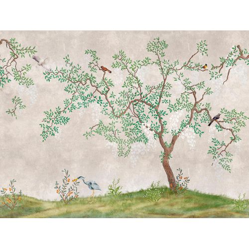 Fototapete LIVING WALLS "The Wall", grün (grün braun), B:4m L:3m, Vinyl, Vlies, Tapeten, Fototapete Landhaus Tapete Vögel Tapeten Wohnzimmer Design Wandtapete