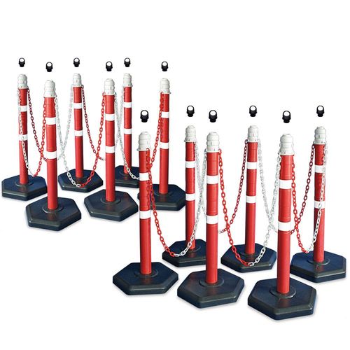 Kettenpfosten-Set, 12 Kettenständer, 22 m Kette, 12x Öse aus Polypropylen-Kunststoff (PP) zum Durchführen von Warnband