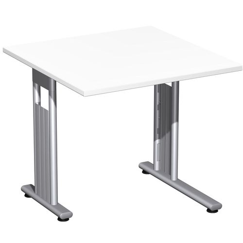 Schreibtisch feste Höhe, einseitig zurückgesetzt, 800x800x720, Weiß/Silber