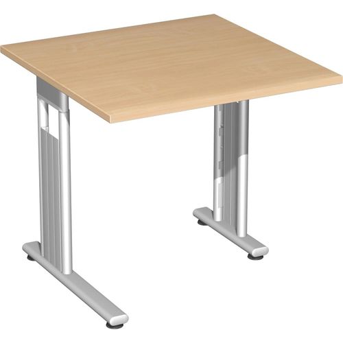 Schreibtisch feste Höhe, einseitig zurückgesetzt, 800x800x720, Buche/Silber