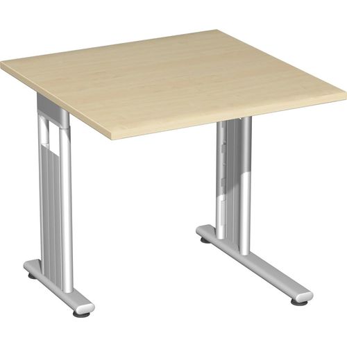 Schreibtisch feste Höhe, einseitig zurückgesetzt, 800x800x720, Ahorn/Silber