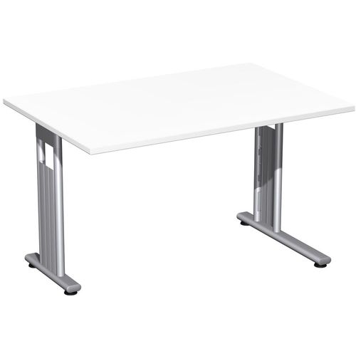 Schreibtisch feste Höhe, einseitig zurückgesetzt, 1200x800x720, Weiß/Silber