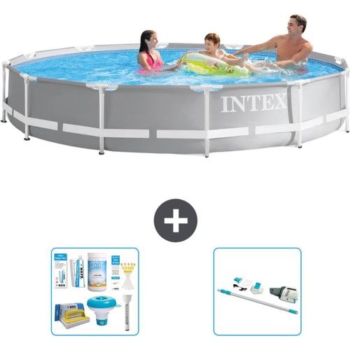 Intex Pool mit rundem Prismenrahmen – 366 x 76 cm – Grau – im Lieferumfang enthalten Wartungspaket - Staubsauger
