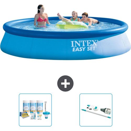 Intex runder aufblasbarer Easy Set-Pool – 396 x 84 cm – Blau – im Lieferumfang enthalten Wartungspaket - Staubsauger