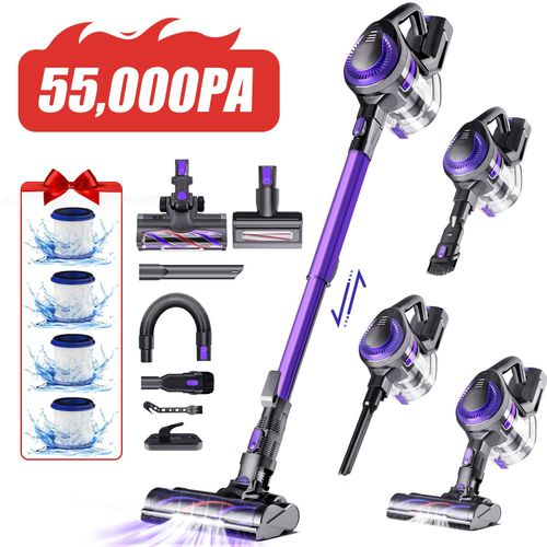 55000PA Akku Staubsauger, Staubsauger Kabellos,Kabelloser Staubsauger,8 in1 Akkustaubsauger Bürstenloser Motor bis zu 55min,für tierhaare,500W,4HEPA