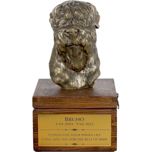 Russischer Schwarzer Terrier, Russkiy Tchiorny Terrier - Eine Ascheurne für Hunde mit einer Statuette, eine kleine Urne für Hunde, eine personalisierte Urne mit dem Porträt eines Hundes von der Marke