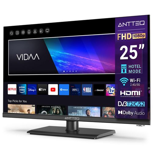 Antteq V25-AF3Q1 Smart TV 25 zoll (Fernseher 64 cm),FHD,Triple Tuner(DVB-T2/S2/C),App Store,Netflix,Prime Video,DAZN,UVM,Wifi,Hotelmodus, 2024
