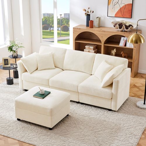 MODFU Ecksofa L-förmig Loungesofa,3-Sitzer Schlafsofa mit Fußhocker+verstellbare Armlehnen,Chenille-Stoff Dreisitzer mit 4Kissen,Beige