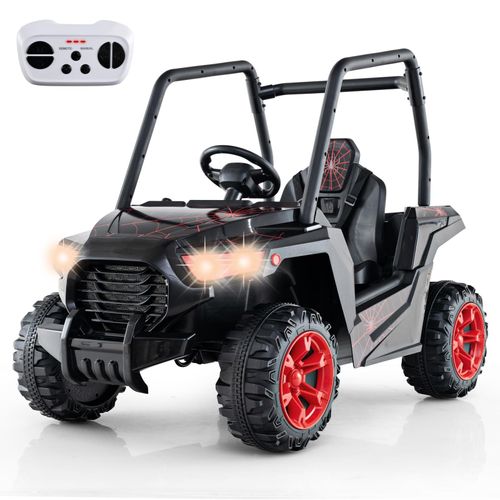 GOPLUS Kinder Elektroauto, Elektrofahrzeug UTV mit 3 verstellbaren Geschwindigkeiten, Musik, Hupe, Radio & LED-Lichter, Schwarz+Rot