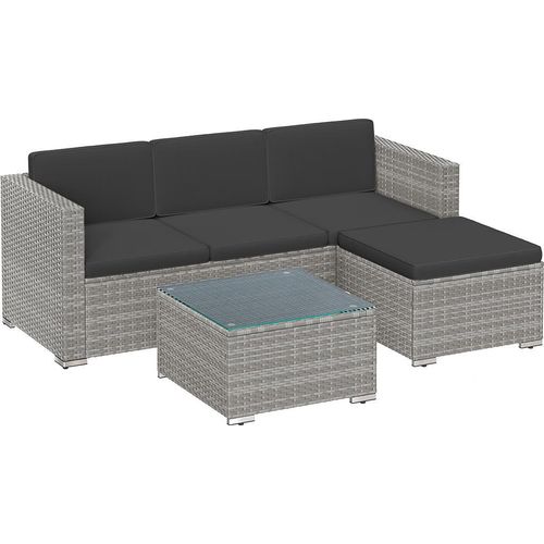 Balkonmöbel aus PE-Polyrattan mit Kissen und Glastisch