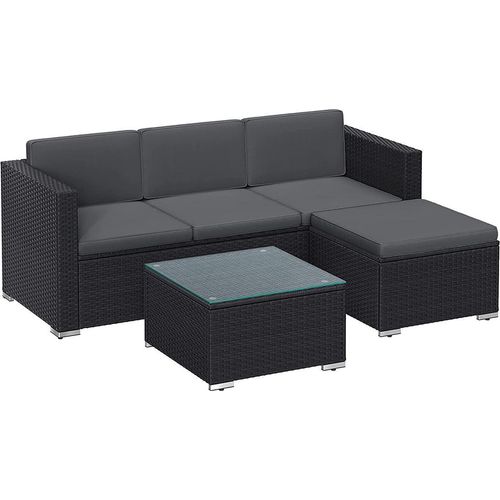 Gartenmöbelset mit Kissen und Glastisch, schwarz-grau