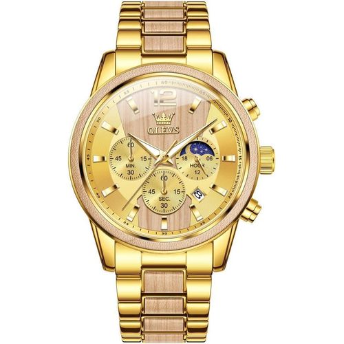 Herren Armbanduhr Analog Quarz mit Chronograph, Edelstahlgehäuse und -armband, goldenes Zifferblatt, leuchtende Zeiger, wasserdichte Luxus Uhr