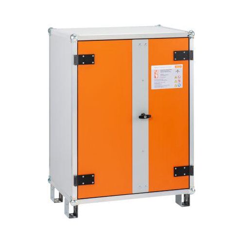 CEMO Akku-Ladeschrank Premium 8/10, 1-phasig, 230 V, LockEX Türverriegelung, strombetriebener Rauchmelder, akustischer Alarm, belüftet, mit Stapelfüßen, B 890 x T 660 x H 1110 mm, lichtgrau/reinorange