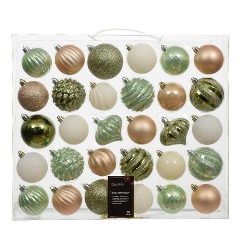 Christbaumkugel-Set, Grün, Weiß, Gold, Kunststoff, 7.00x7.00x7.00 cm, Dekoration, Weihnachtsdekoration, Weihnachtsbaumschmuck, Weihnachtskugeln