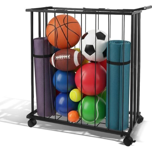Ballaufbewahrung - Rollbarer Ballwagen - Metall - Für Garage/Fitnessstudio - Korb/Käfig - Umweltfreundlich - Schwarz