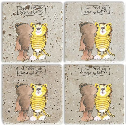 Getränkeuntersetzer LUCKYLINDE "Der kleine Bär und der Tiger", gelb, B:10cm H:10cm T:1cm, Naturstein, Untersetzer, Janosch Set Topfuntersetzer Naturstein Untersetzer 10x10x1cm