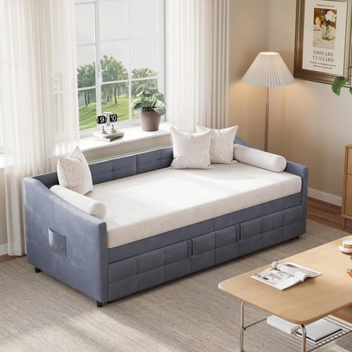 Ausziehbares Schlafsofa 90×200 cm Grau aus Samt – Tagesbett für Apartment, Homeoffice & Gästezimmer, platzsparendes Einzelbett