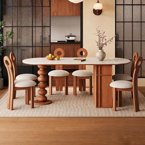 Esstisch, Esstisch-Set, ovaler Esstisch, Familien-Esstisch, Esstisch-Set mit sechs Stühlen, 220 × 80 × 75 cm