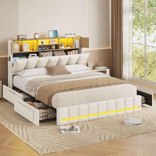 AODEMOKO Polsterbett Bettgestell mit LED-Beleuchtung, 4 Schubladen, Ladestation, 140×200cm, beige
