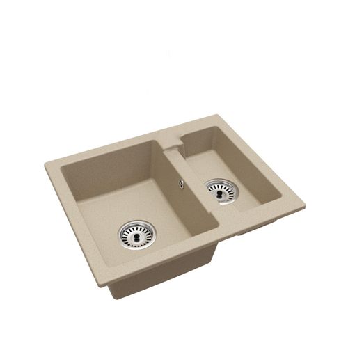Granitspüle mit eineinhalb Becken Yogi – Beige mit Chrom-Siphon