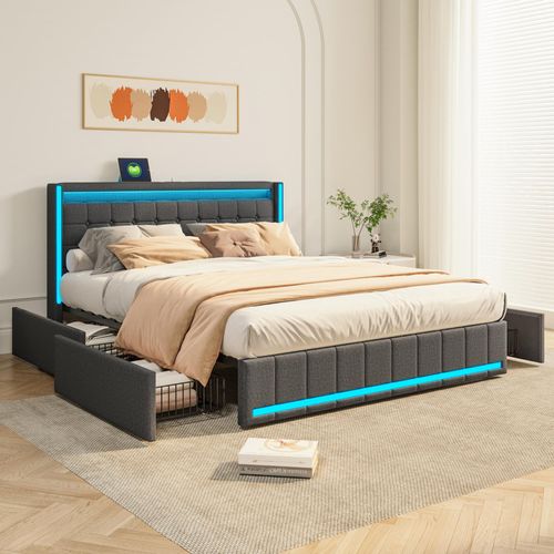 ProximaX Doppelbett 140x190 cm mit LED-Beleuchtung und 4 Schubladen, USB-Ladestation, Grau