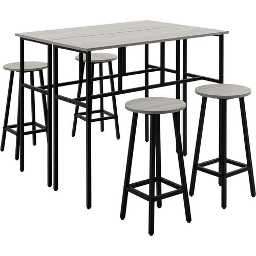 Fortuna Lai Essgruppe 6-teiliges Sitzset mit 2 Bartischen und 4 Barhockern im Industrial Design, Spanholz und Stahl, Grau und Schwarz
