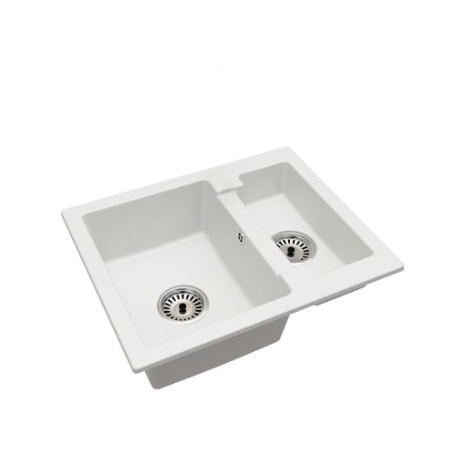 Granitspüle mit eineinhalb Becken Yogi – Weiß mit Chrom-Siphon