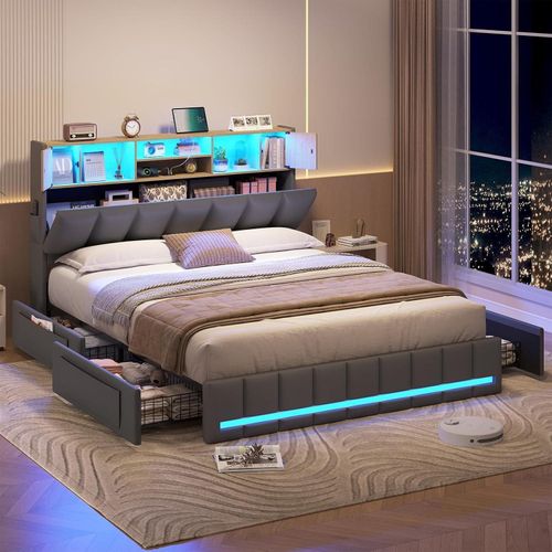 AODEMOKO Polsterbett Bettgestell mit LED-Beleuchtung, 4 Schubladen, Ladestation, 140×190cm, grau