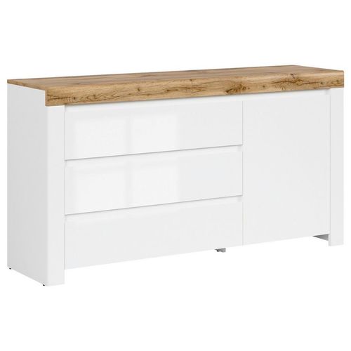 Kommode, Weiß, Eiche Wotan, Weiß Hochglanz, Holzwerkstoff, 1 Fächer, 3 Schublade(n) Schubladen, 156x83.5x42 cm, Wohnzimmer, Kommoden & Sideboards, Kommoden