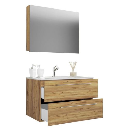 Mid.you Badezimmer VCM Badinos , Honigeiche , Metall , 3-teilig , 2,2 Schubladen , 80 cm , hängend , Badezimmer, Badmöbelsets & Badmöbelserien, Badmöbel-Sets