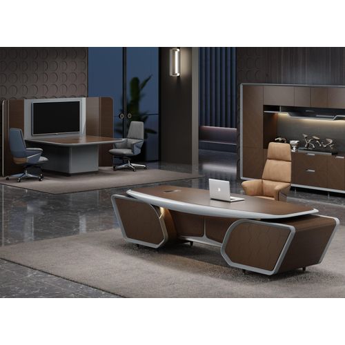 Stylisches Büro-Set Schreibtisch + Chefsessel für anspruchsvolle Räume.