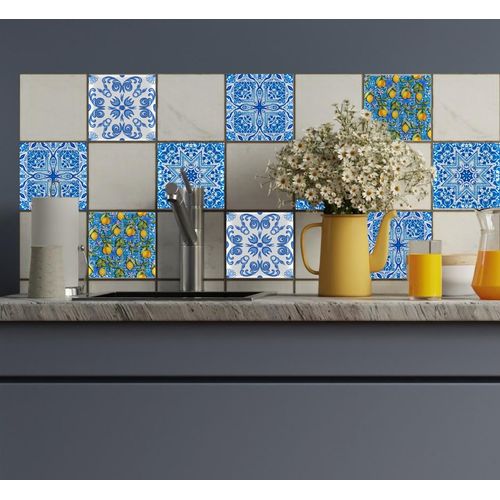 Fliesenaufkleber QUEENCE "Blaue Ornamente mit Zitronen", bunt (weiß), B:15cm H:15cm T:0,2cm, Fliesenaufkleber, selbstklebend, 12er Set
