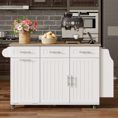 Servierwagen, Kücheninsel auf Rollen, Kücheninsel mit Arbeitsplatte und Abfallbehälterfach, Mobile Kücheninsel freistehend mit Steckdosenleisten, Weiß