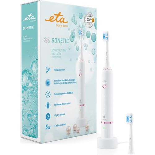 ETA elektrische Schallzahnbürste Sonetic I 5 Reinigungsmodi I bis zu 40.000 Bürstenkopfbewegungen/Minute I Drucksensor I Timer I 3,7 V Li-Ion-Akku