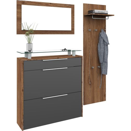 Garderoben-Set BORCHARDT MÖBEL "Oliva", grau (vintage eichefarben, graphit matt), Kastenmöbel-Sets, Garderoben-Set, (3-tlg), mit hängendem Schuhschrank, Paneel und Spiegel