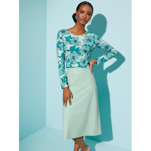 Print-Shirt CREATION L "Druck-Shirt", Damen, Gr. 50, bunt (mint, aquapetrol, bedruckt), 95% Viskose, 5% Elasthan, geblümt, gemustert, mehrfarbig, Rundhals, Shirts Print-Shirt