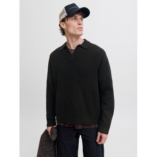 Strickpullover JACK & JONES "JCOCOVER KNIT SPLIT NECK POLO", Herren, Gr. XXL, schwarz, Strick, Obermaterial: 60% Polyester, 40% Baumwolle, unifarben, relaxed fit normal, Pullover Strickpullover