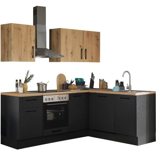 Winkelküche BASIC BY BALCULINA "Turin", schwarz (küche: schwarz, korpus: schwarz matt woodprint, arbeitsplatte: artisan eichefarben), B:220cm H:211cm T:60cm, Komplettküchen-Sets, Winkelküche, Stellmaße 220x175 cm, wahlweise mit E-Geräten