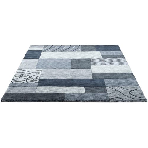 Wollteppich THEKO "Royal Domas 4028", grau (anthrazit), B:120cm H:14mm L:180cm, Schurwolle, Teppiche, Wollteppich, Kurzflor, reine Wolle, handgetuftet, modernes Patchwork Design
