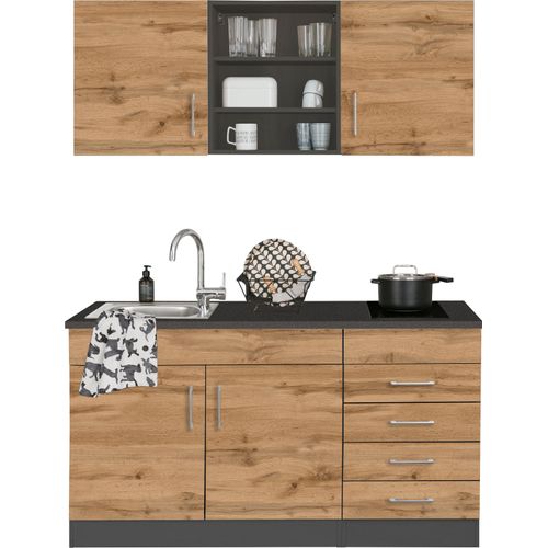 Pantryküche KOCHSTATION "KS-Mali", grau (küche: natur, front: wotaneiche, korpus: grau, arbeitsplatte: anthrazit), B:150cm H:200cm T:60cm, Komplettküchen-Sets, Pantryküche, Breite 150 cm, wahlweise mit E-Geräten