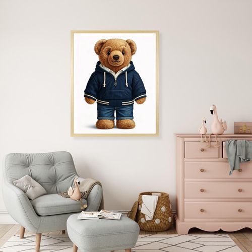 Bild mit Rahmen QUEENCE "Teddy Bär mit Jeans und Hoody", farbe rahmen: beige, farbe bild(er): blau, B:50cm H:70cm T:1,5cm, Acrylglas, Holzrahmen, Bilder, Bild mit Rahmen, HD Premium Poster-Druck inkl. Echtholzrahmen in beige