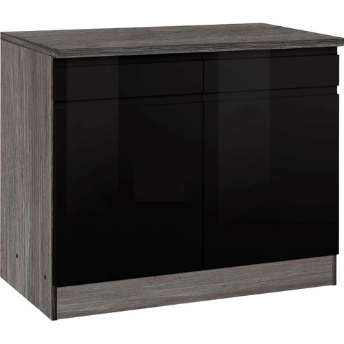 Unterschrank KOCHSTATION "KS-Virginia", schwarz (schwarz hochglanz), B:100cm H:85cm T:60cm, Holzwerkstoff, MDF, Schränke, Unterschrank, 100 cm breit, mit 2 Türen und 2 Schubkästen