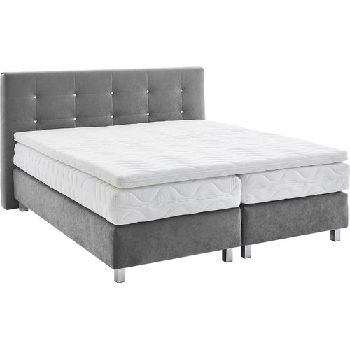 Boxspringbett, grau, B:175cm L:210cm, Bezug: Microvelours 100% Polyester;Polsterung: 100% Polyester, WESTFALIA SCHLAFKOMFORT, Komplettbetten, Boxspringbett, mit Knöpfen in Kristalloptik, wahlweise mit Topper