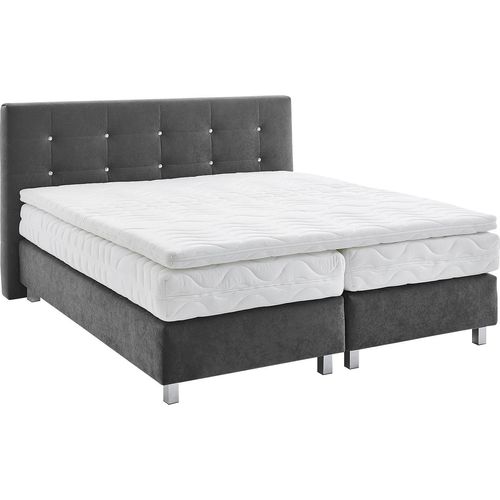 Boxspringbett, grau (anthrazit), B:215cm L:210cm, Bezug: Microvelours 100% Polyester;Polsterung: 100% Polyester, WESTFALIA SCHLAFKOMFORT, Komplettbetten, Boxspringbett, mit Knöpfen in Kristalloptik, wahlweise mit Topper