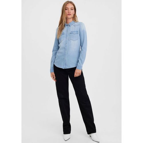 Jeansbluse VERO MODA "VMMARIA LS DENIM SLIM SHIRT MIX NEW", Damen, Gr. M, light blau denim, Denim/Jeans, Obermaterial: 100% Baumwolle, Abriebeffekte, unifarben, figurumspielend hüftbedeckend, 1-Knopf-Manschette mit Schlitz, Blusen Jeansbluse
