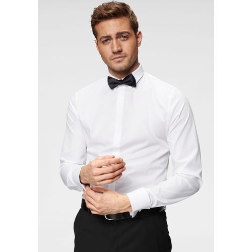 Smokinghemd OLYMP "No. Six super slim", Herren, Gr. 42, Normaler Arm, weiß, Web, Obermaterial: 97% Baumwolle, 3% Elastolefin, unifarben, festlich, sehr schmal, Umschlagmanschette, Hemden Smokinghemd, Umschlagmanschetten, verdeckte Knopfleiste