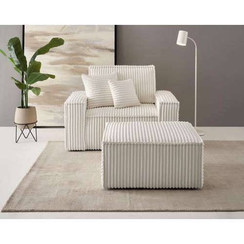 Loveseat OTTO HOME "FINNLEY, Loveseat & Hocker im Set, trendige Stoffe, inkl. Zierkissen", beige (hellbeige), B:120cm H:85cm T:166cm, Bezugstoff 100% PES ;Gramatur 400g/qm +/- 5%, Sessel, verfügbar in den Stoffqualitäten Bouclé, Struktur fein und Mega Cord
