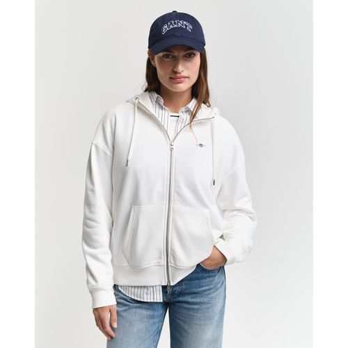 Kapuzensweatjacke GANT "SHIELD ZIP HOODIE", Damen, Gr. XL, weiß (eggshell), Sweatware, Obermaterial: 87% Baumwolle, 13% Polyester, relaxed fit, Rippbündchen, Sweatjacken Kapuzensweatjacke, Grafische GANT-Stickerei auf der Brust